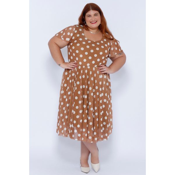 Vestido Tule Caramelo Poá - Plus Size