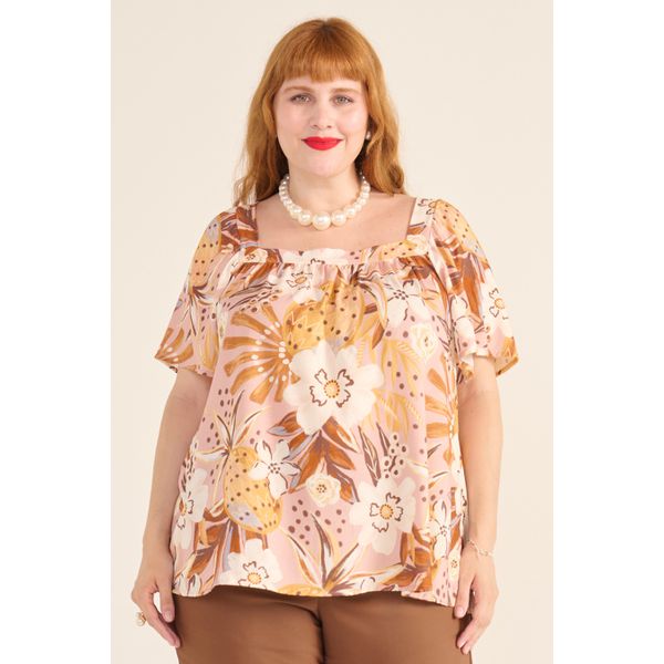 Blusa Bata Viscose Estampa Tropical Rosé - Plus Size