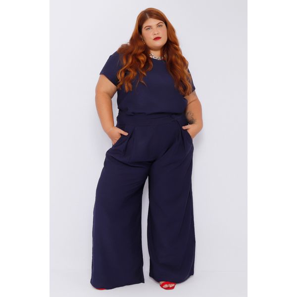 Calça Pantalona Social Viscose Azul Marinho - Plus Size