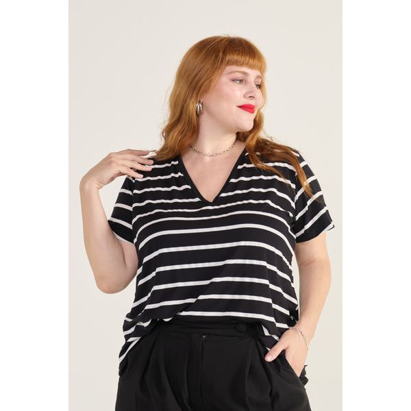 Blusa Podrinha Gola V Listrada Viscose - Plus Size
