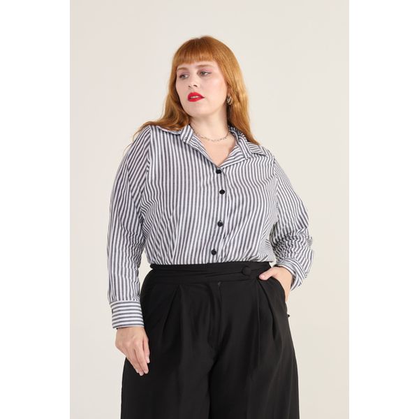 Camisa Social Algodão Listra Preta - Plus Size