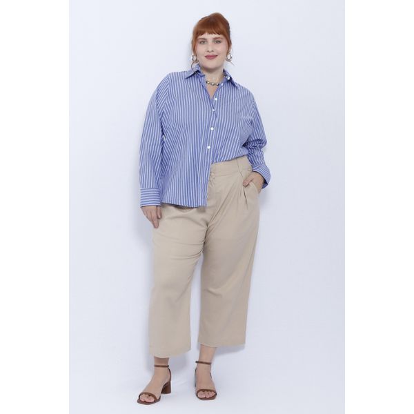 Calça Botões 2.0 Linho com Elastano Bege - Plus Size