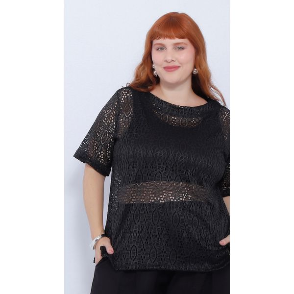 Blusa Renda Crochet Preta - Plus Size