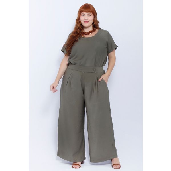 Calça Pantalona Social Viscose Verde Militar - Plus Size