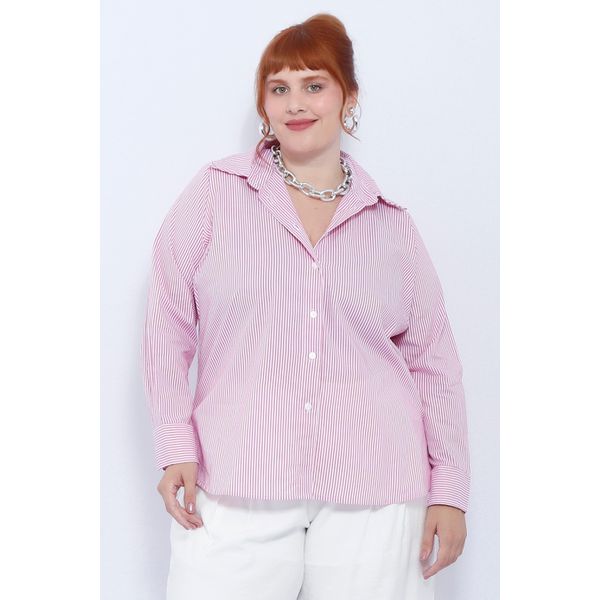 Camisa Social Algodão Listra Rosa - Plus Size