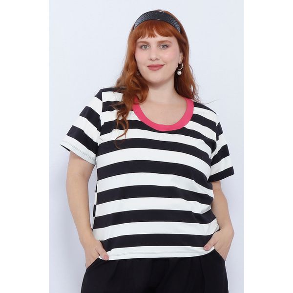 Blusa Premium Listra Preta Gola Rosa Pink - Plus Size