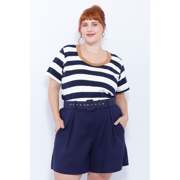 Short Botões Linho com Elastano Azul - Plus Size