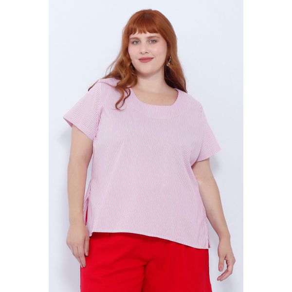 Blusa Social Botão Rosa Listrada - Plus Size