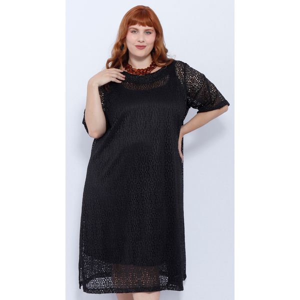Vestido Renda Crochet 2-em-1 Preto - Plus Size