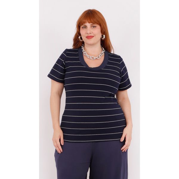 Blusa Malha Premium Azul Marinho Listra Fina - Plus Size 