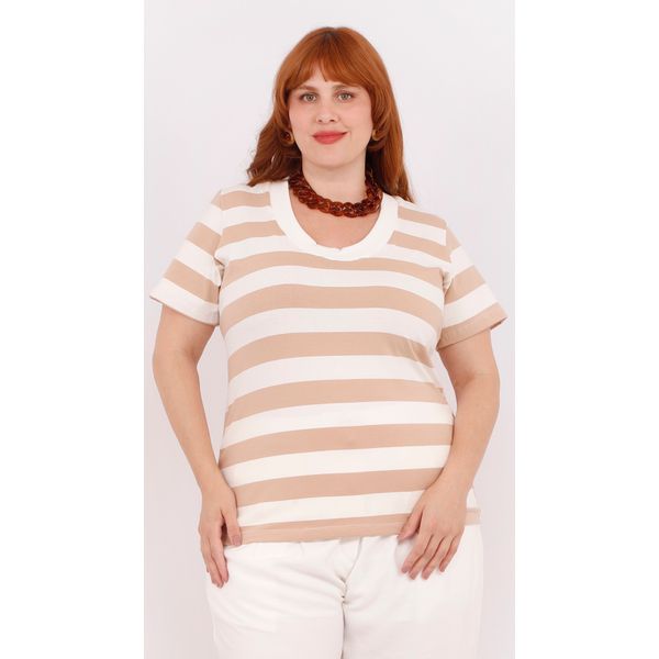 Blusa Premium Listra Bege Gola Off - Plus Size