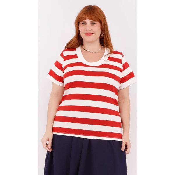 Blusa Premium Listra Vermelha Gola Off - Plus Size