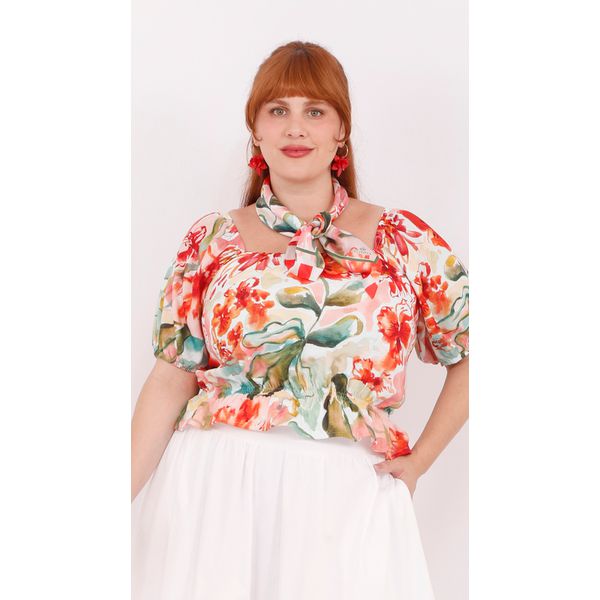 Blusa Peplum Floral Color - Plus Size