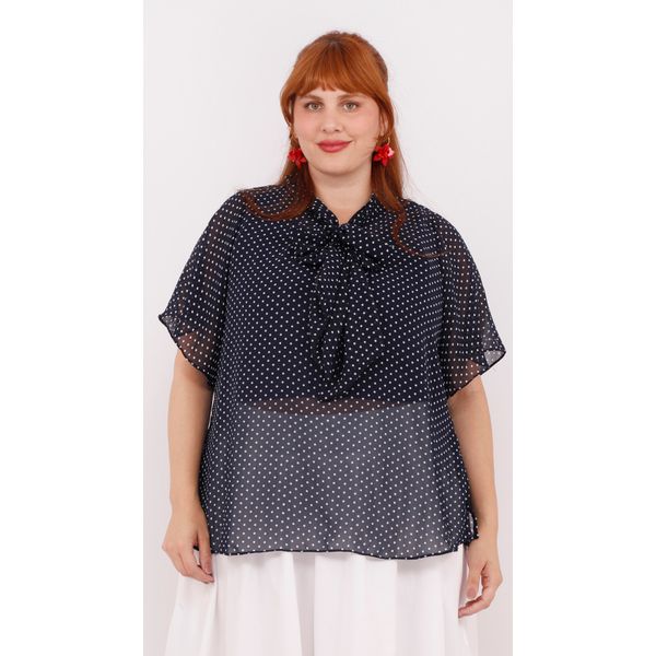 Blusa em Crepe com Gola Laço Azul Marinho - Plus Size