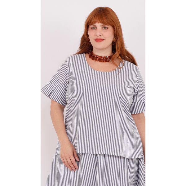 Blusa Social Algodão Listrada Azul - Plus Size