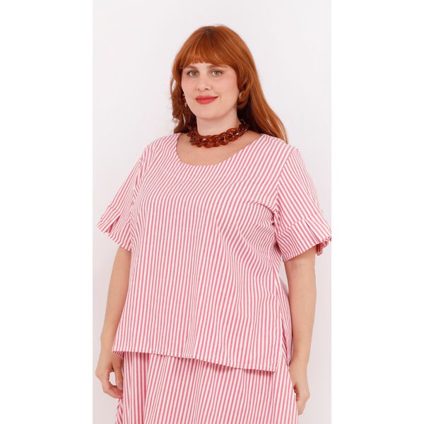 Blusa Social Algodão Listrada Vermelha - Plus Size
