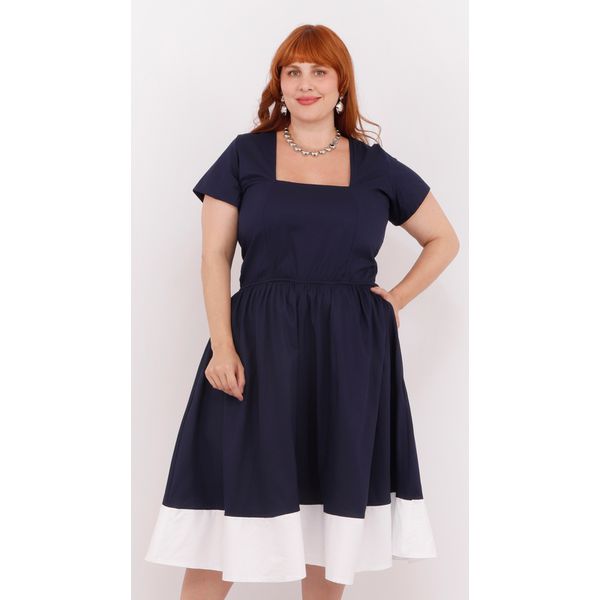 Vestido Algodão Azul Barra Branca - Plus Size