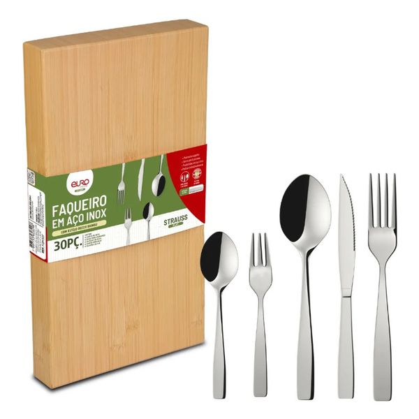 Faqueiro 30 Peças Inox Jogo De Talheres Euro Home Estojo Bambu Cor Flat