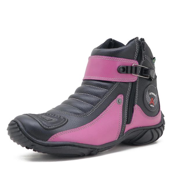 Bota Motociclista Cano Curto Couro Legítimo Preto e Pink