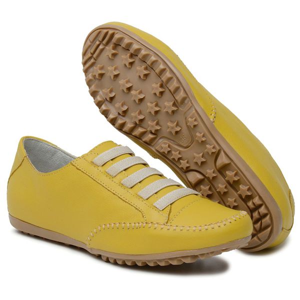 Sapat nis Feminino Em El stico Couro Leg timo Amarelo KRN SHOES