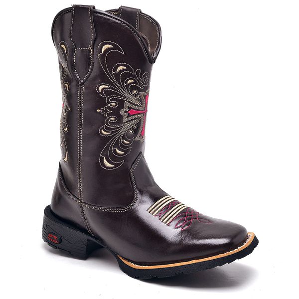 Bota Texana Feminina Cano Alto Cruz Bordada Café