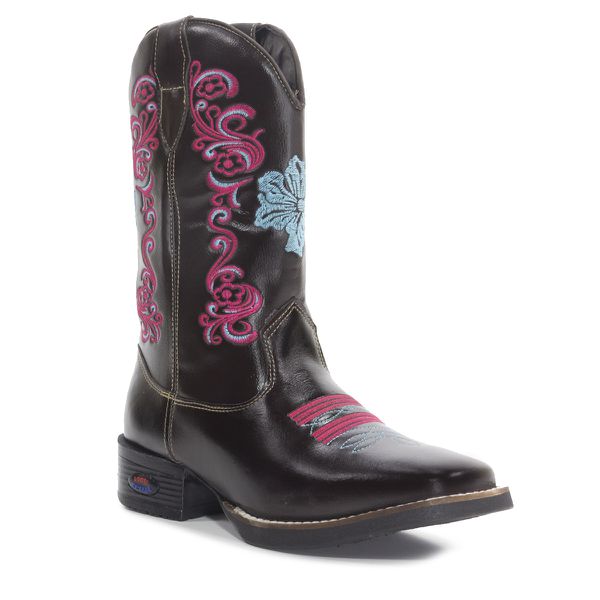 Bota Texana Feminina Cano Alto Café Bordado Rosa