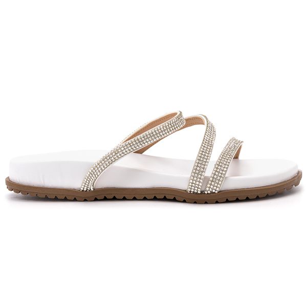 Chinela Feminina Rasteira Pedraria Napa Branca KRN SHOES