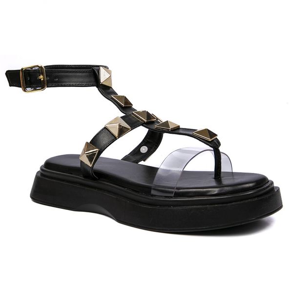 Papete Feminina Flatform com Spikes e Vinil Napa Preta KRN SHOES