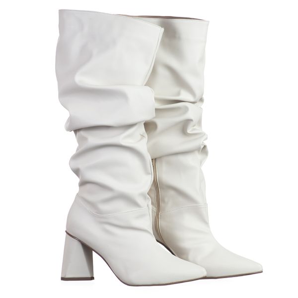 Bota Feminina Slouchy Salto Médio Triangular Napa Off White