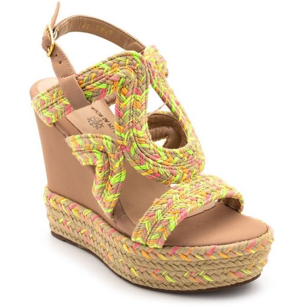 Sandália Feminina Anabela Napa Nude E Corda Amarelo Neon
