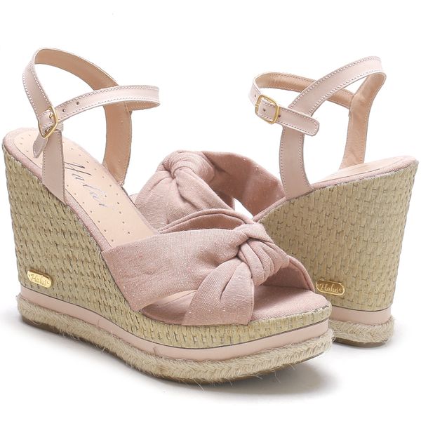 Sand lia Feminina Anabela Prime Couro e Tecido Nude KRN SHOES
