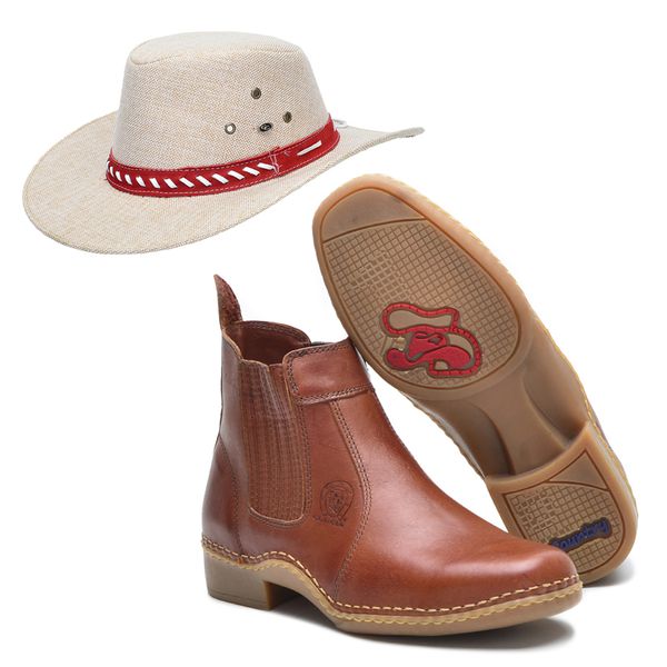 Kit Botina Masculina Couro Pinhão + Chapéu Estilo Americano Juta Bege e Vermelho