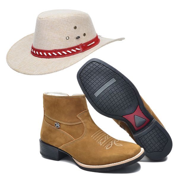 Kit Bota Masculina Country Couro Nobuck Castor + Chapéu Estilo Americano Juta Bege e Vermelho