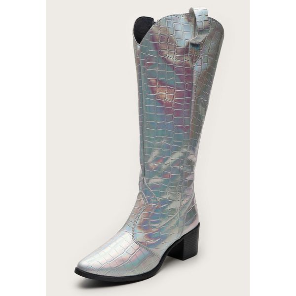 Bota Western Feminina Metalizada Prata Furta Cor Croco