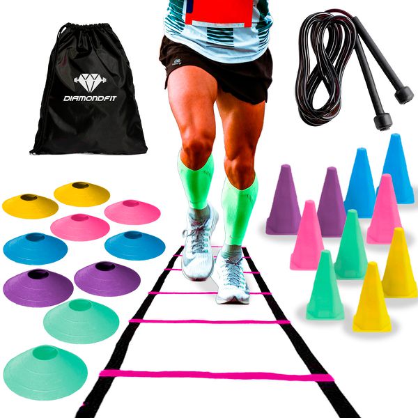 Kit De Treino Funcional Com Escada Rosa de 7 Degraus 10 Cones 10 Chapéus Chineses Corda Bolsa