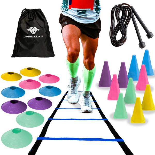 Kit De Treino Funcional Com Escada Azul de 7 Degraus 10 Cones 10 Chapéus Chineses Corda Bolsa 