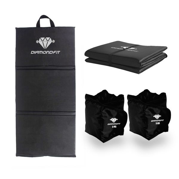 Kit Colchonete Dobrável D50 Academia Maleta + Par de Caneleira 5Kg Musculação Fitness Tornozeleira Preto