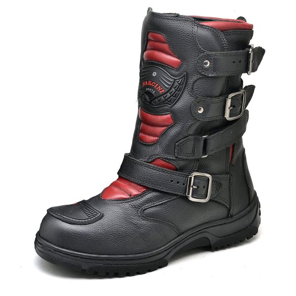 Bota Motociclista Com Protetor Couro Legítimo Fivelas Racing Fakcini - 13005 - Preto Vermelho