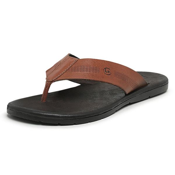 Chinelo Masculino Couro Legitimo Naturale Perfurado Extremo Conforto Lecas - 13456 - Canela