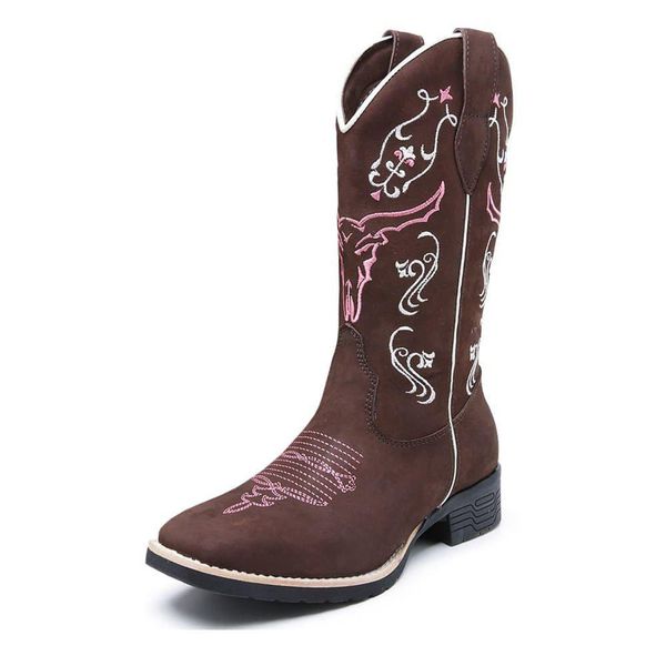 Bota Country Texana Feminina Couro Legítimo Bordado Boots Country - 299 - Café Rosa