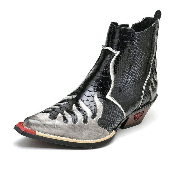 Bota Country Masculina Bico Fino Western Couro Legitimo Detalhe Cobra Fakcini - 3011 - Preto