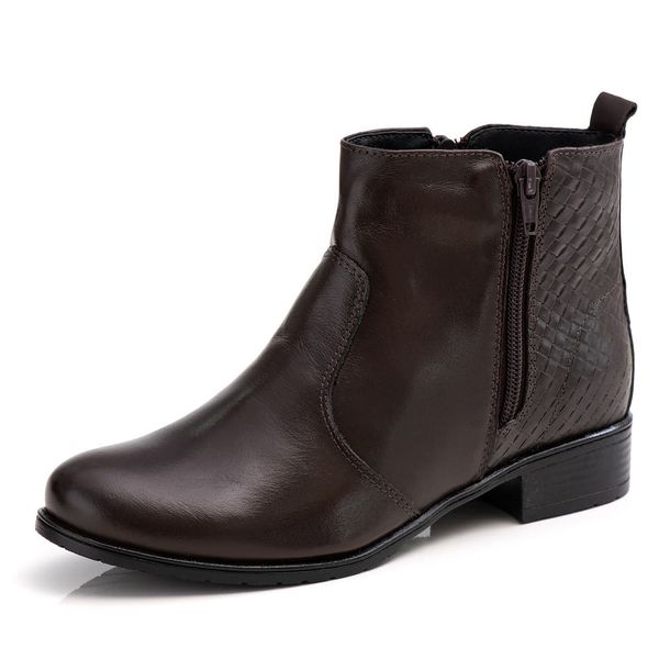 Bota Cano Baixo Feminina Casual Tramado Fecho 2 Zíper Ranster - F252 - Café