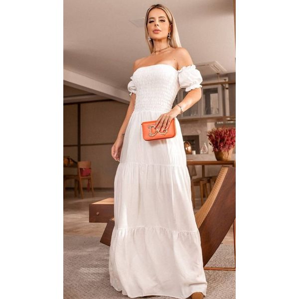 Vestido Longo Lastex Ciganinha Branco