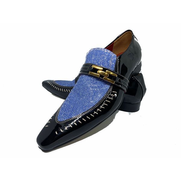 Sapato Masculino Italiano em Couro Social Executivo Azul Order Bico Fino Ref: 324 Azul