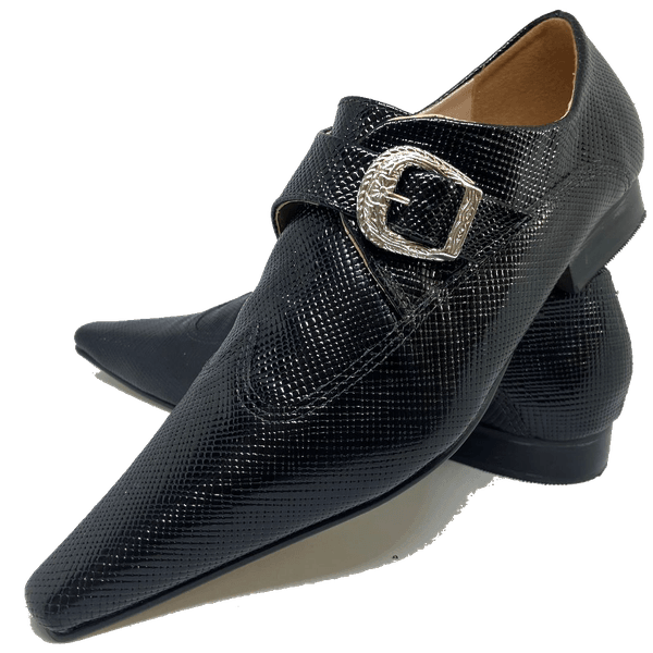 Sapato Masculino Italiano em Couro Social Executivo Eiffel Bico Fino Ref: 455 Preto Preto