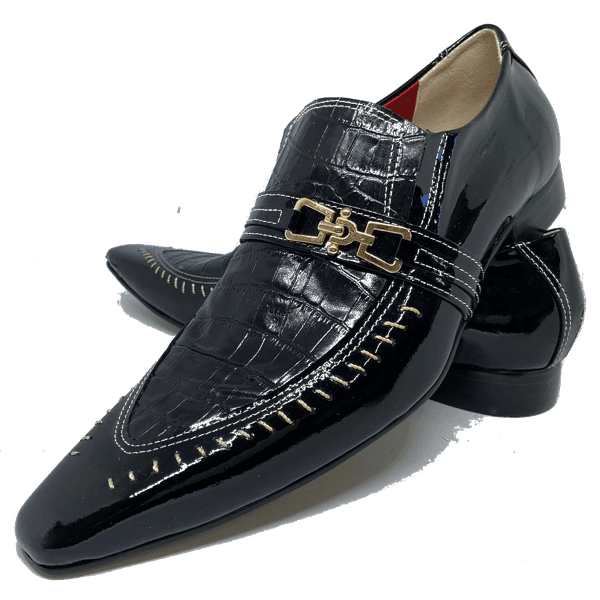 Sapato Masculino Italiano em Couro Social Executivo Compass Bico Fino Ref: 480 Preto Preto