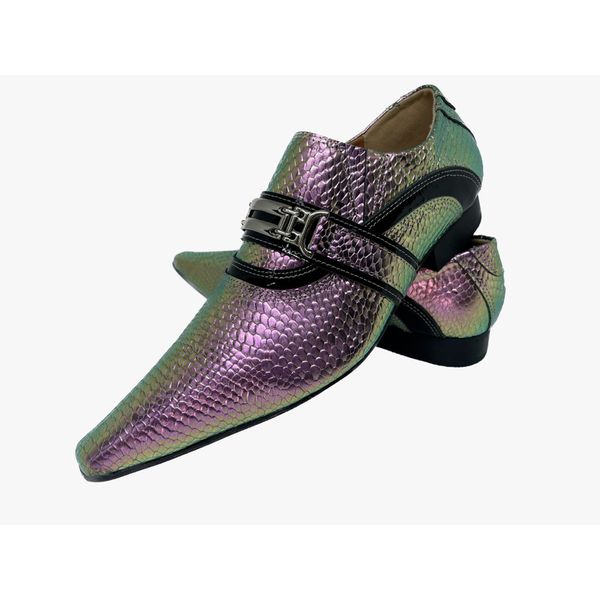 Sapato Masculino Italiano Em Couro Social Prateado Violeta Cobra Ref: D704