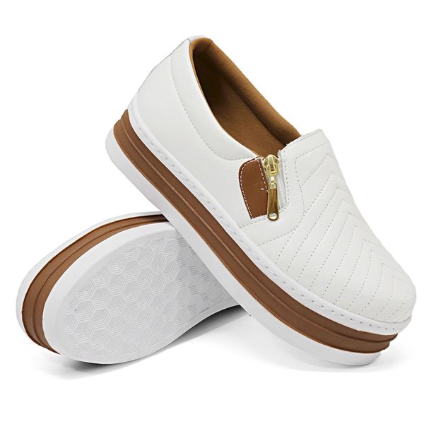 Slip On Feminino Couro legitimo Bovino Branco Caramelo