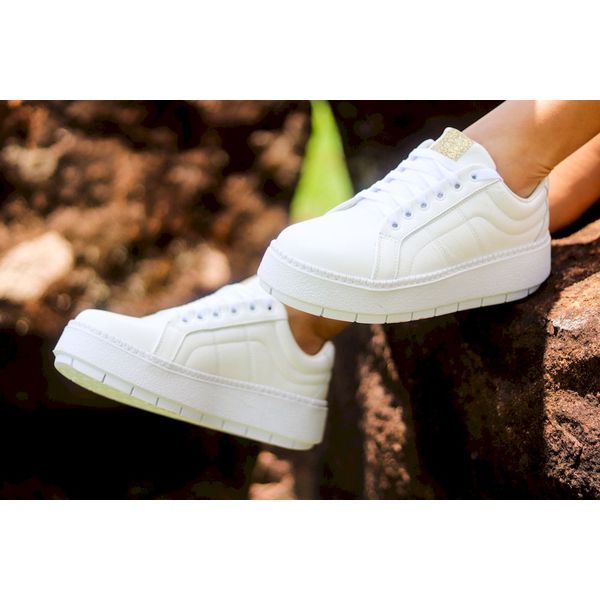 Tênis Casual Flat Amarrar Glitter DK Shoes Off White Couro Legítimo