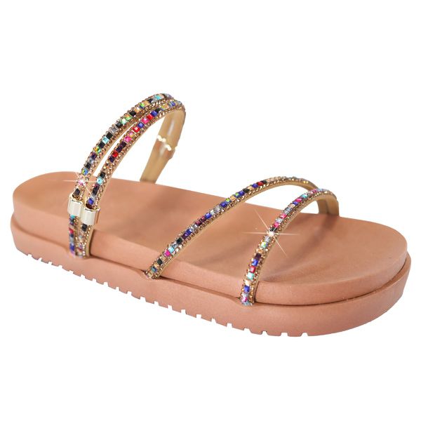 Sandália Rasteira Feminina DalilahShop | Tiras Finas com Pedrarias Coloridas e Brilho Intenso | Confortável, Moderna e Elegante | Ideal para Looks Casuais e Festas Bege